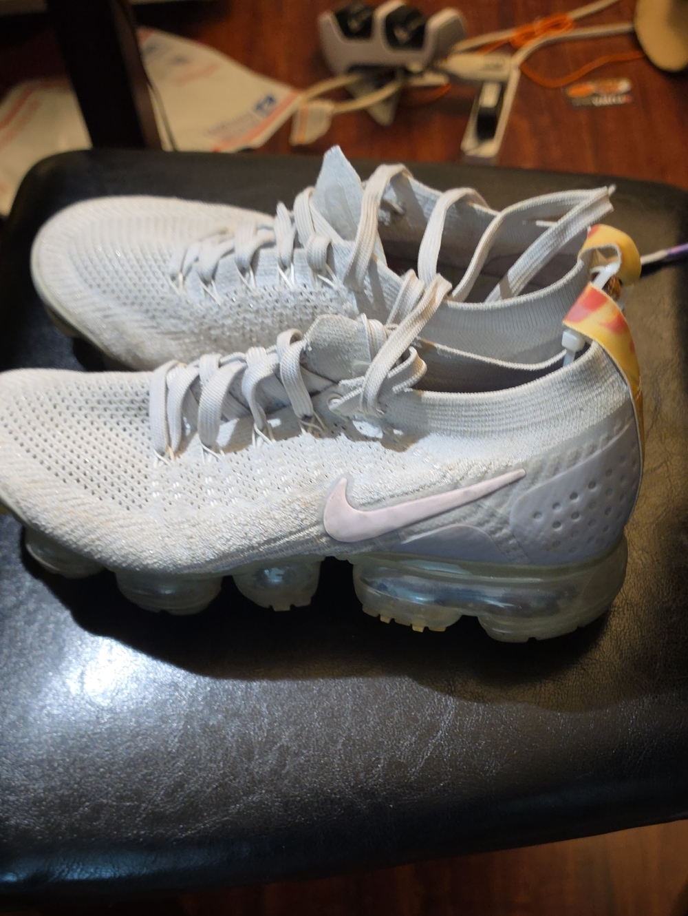 Nike Women's Light Gray Flyknit VaporMax Sneakers with Pale Pink Swoosh